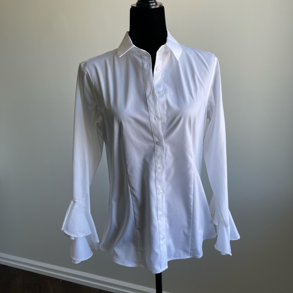 Calvin Klein White Button Down Shirt with Ruffle Sleeves Details Size S